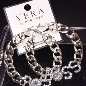 VERA by New York Large Silver Rhinestone "Boss" Hoop Earrings.